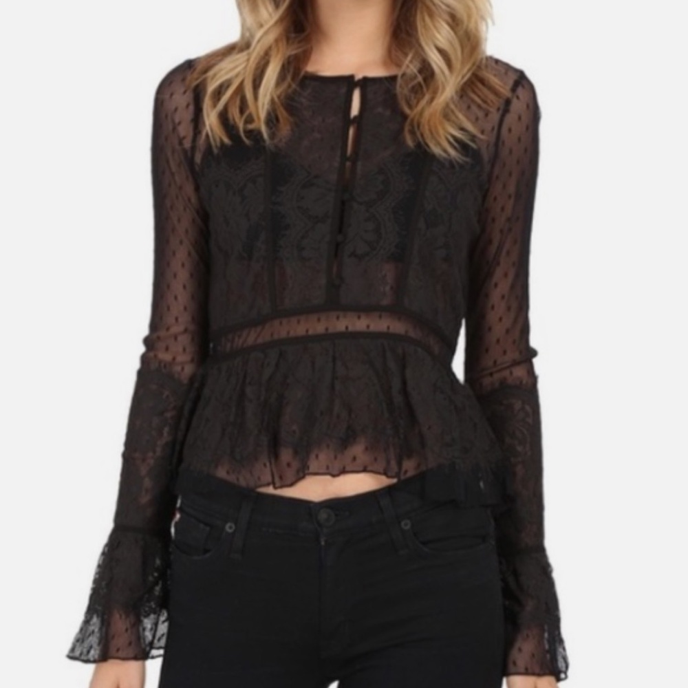 Free People Penelope Peplum Sheer Lace Black Long Sleeve Top Size S